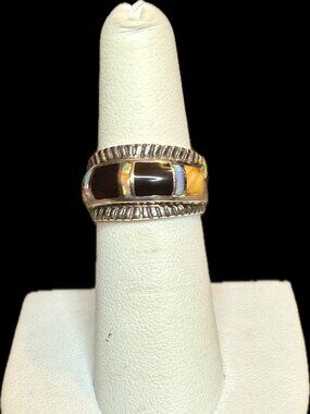 Sterling silver inlay work with black onyx and opal ring
